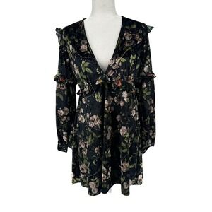 KAS New York Black Floral Velvet Long Sleeve Ruffle V Neck‎ Dress M Goth Indie